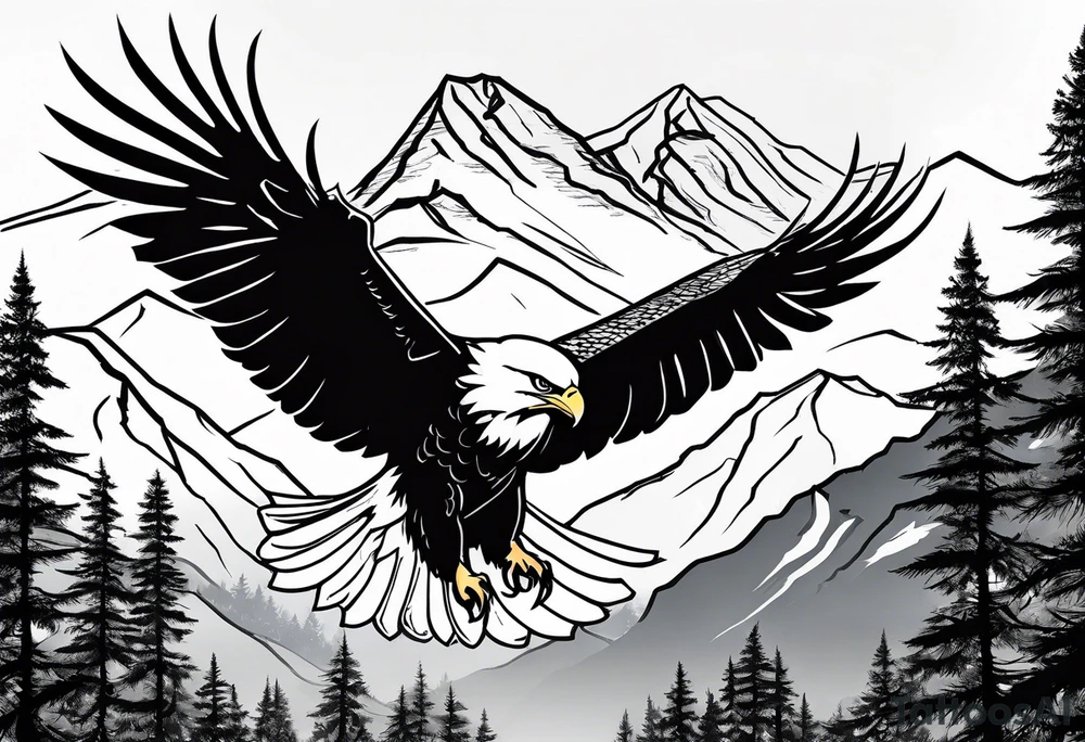 Mountain in the background with trees an eagle soaring with a White Dove sitting on a branch at the top of the mountain tattoo idea