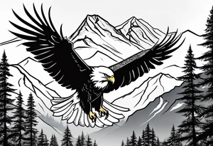 Mountain in the background with trees an eagle soaring with a White Dove sitting on a branch at the top of the mountain tattoo idea