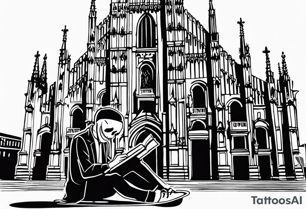 jack skellington leaning against milan cathedral as he reads the date June 07, 2023 tattoo idea