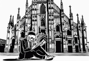 jack skellington leaning against milan cathedral as he reads the date June 07, 2023 tattoo idea