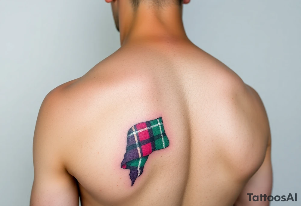 Side of arm Dark Purple with green pink blue and white highlights tartan fabric with flesh peeling away at edges tattoo idea