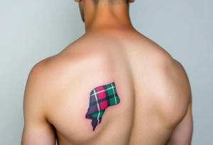 Side of arm Dark Purple with green pink blue and white highlights tartan fabric with flesh peeling away at edges tattoo idea