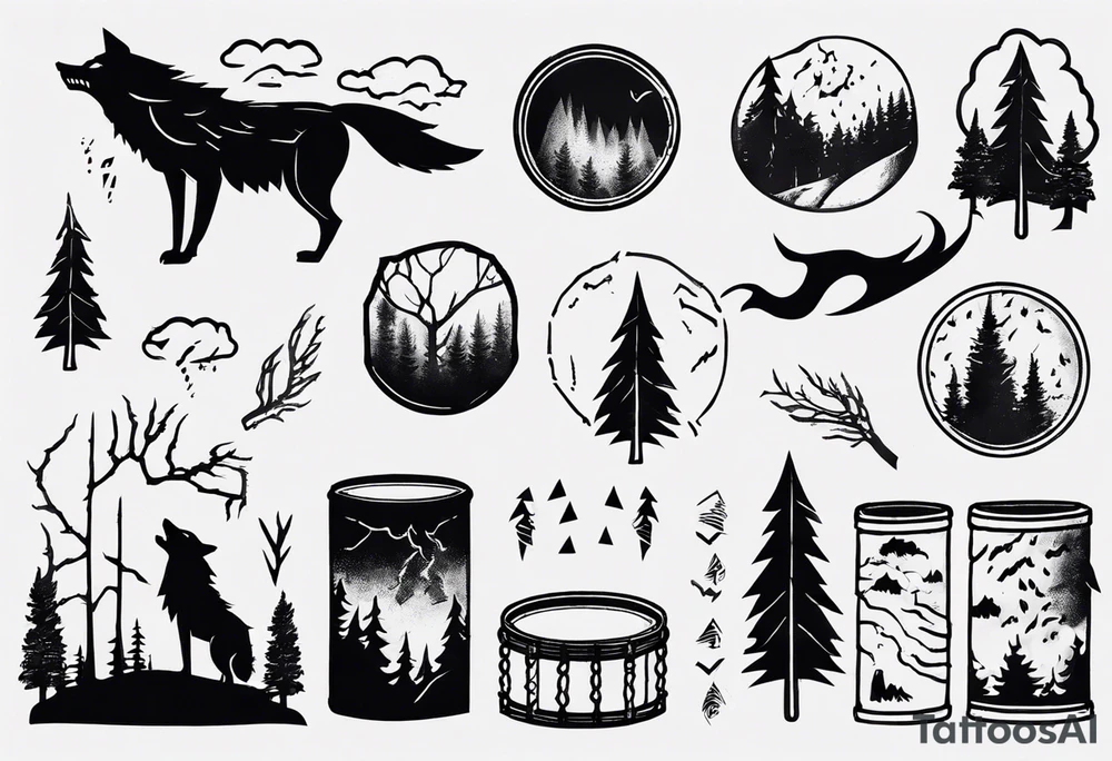 thunderstorm over a forest with a wolf howling on drums tattoo idea thunderstorm over a forest with a wolf howling on drums tattoo idea