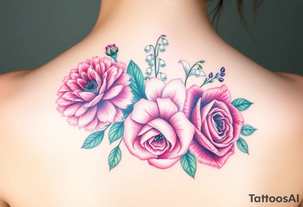 Bouquet of flowers with a carnation, rose, Lily of the valley, delphinium Running down Spain tattoo idea