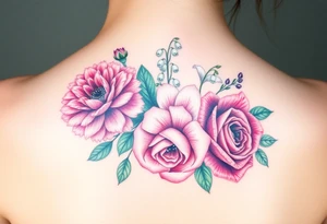 Bouquet of flowers with a carnation, rose, Lily of the valley, delphinium Running down Spain tattoo idea