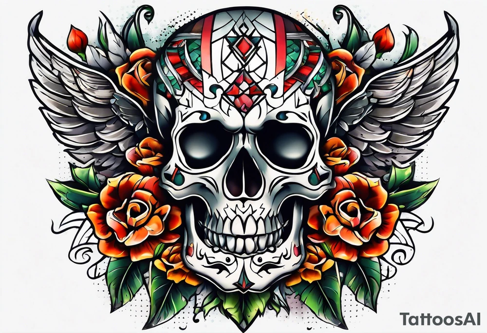 Old school knee tattoo with skulls tattoo idea