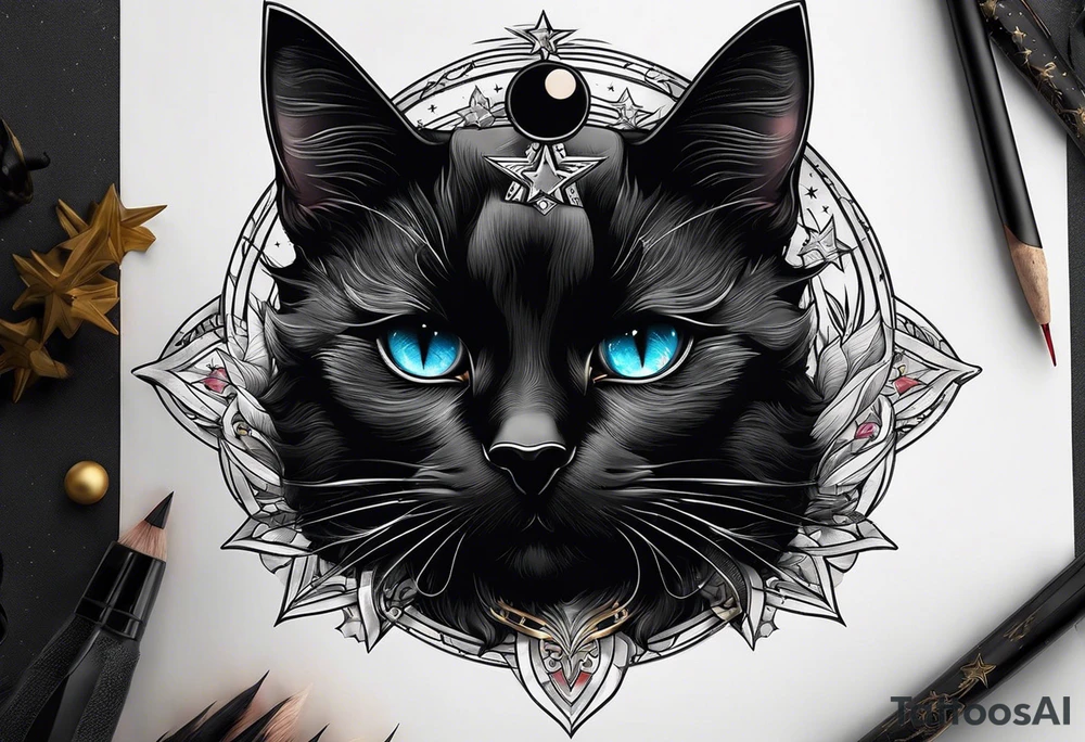 Photo realistic black cat head with moon and stars tattoo idea