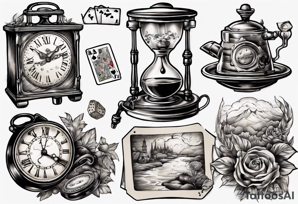 mounting landscape.
In a middle an antique clock at 9:44pm. across the tattoo a cinema film. And on top a game of poker 4 cards. a Grandma's walking stick and 
A real Italian coffee maker. tattoo idea