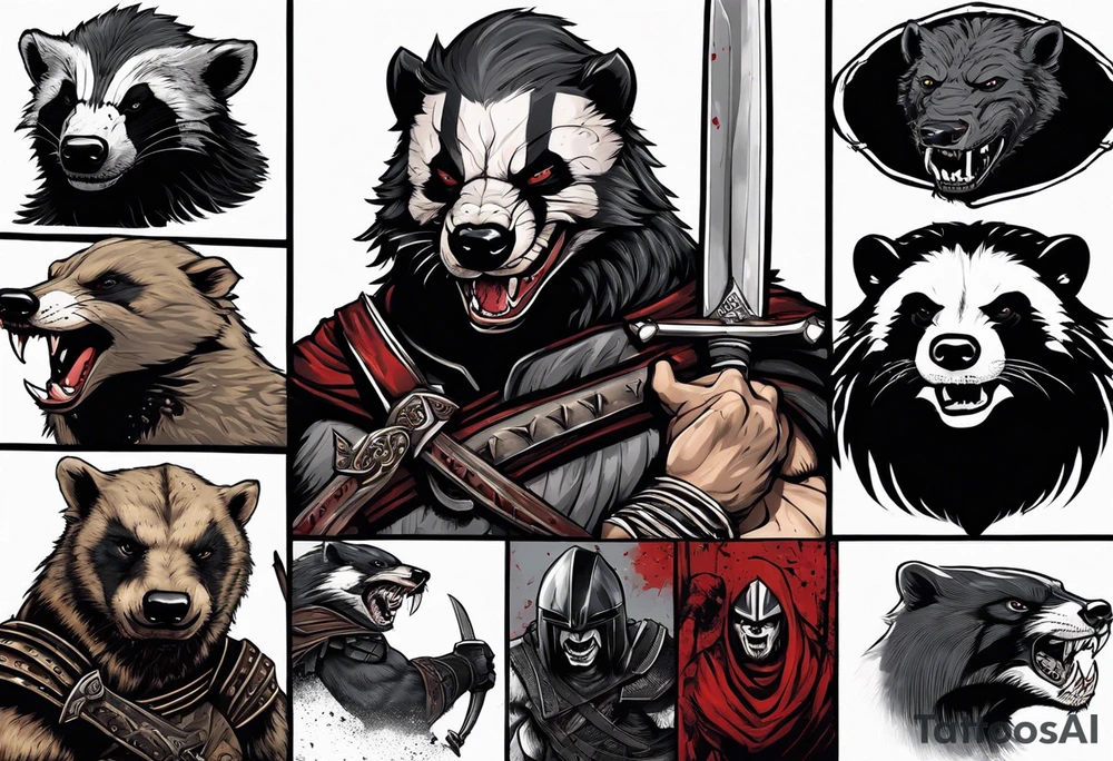 Draw me psychopath Honey Badger/Berserker/Fearless with aggressive full body, killer face with a scary smile, very long nails and he attacks like a Bloody Assassin/Warrior/Gladiator to us and also, he has very deadly looking. He fights with his nails only. Everybody scares after their first sight. Give me horror type Badger Tattoo. I want to see his Realistic full body with no weapons. You can show destruction at the back. tattoo idea