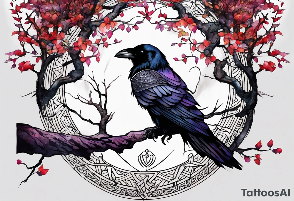 world tree with a raven and knotwork sleeve tattoo tattoo idea