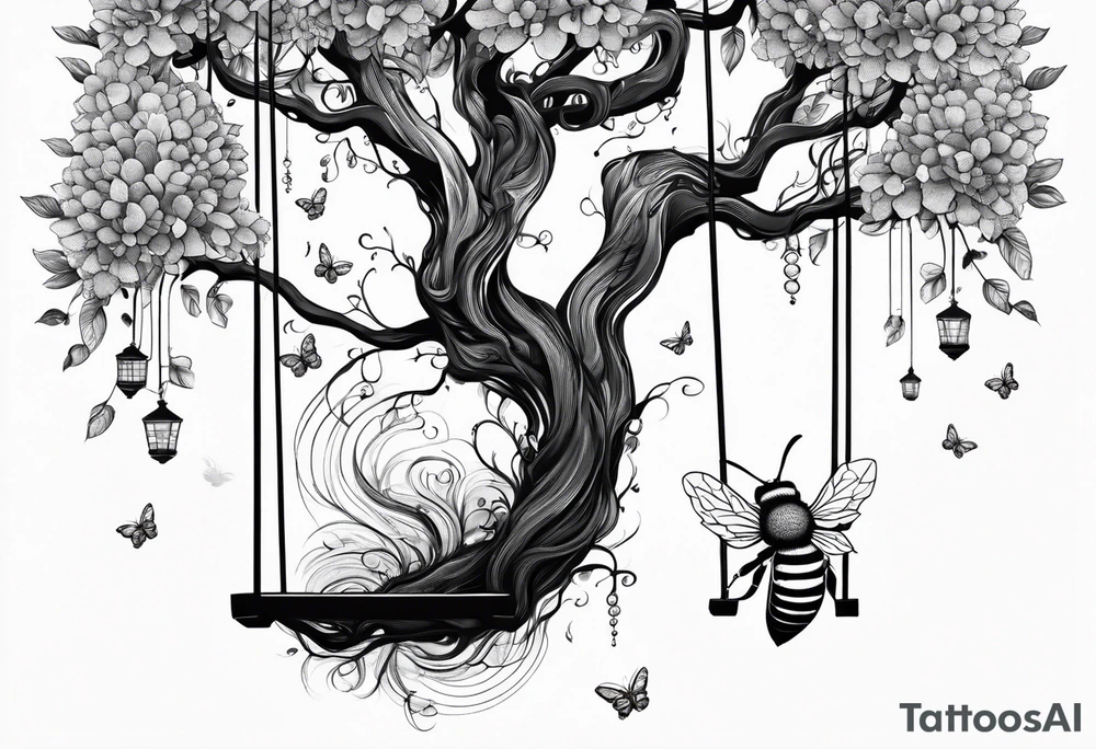 Honeybee. Wollow tree. Girl on a swing. tattoo idea