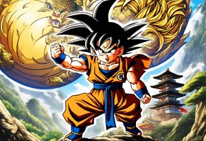 Son-Goku as a child in the foreground and an older version of him as a super saiyajin behind him. A huge dragonball surrounds the whole scenery. Fokus friends are behind him as shadows tattoo idea