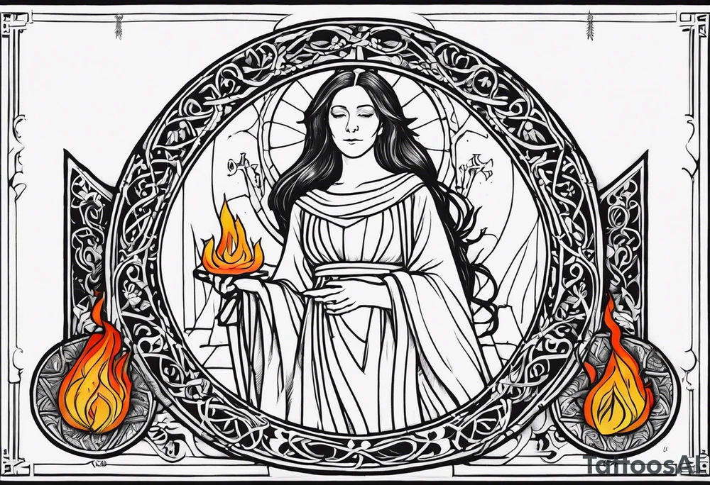 A full back piece themed on the surname mcbride and the irish saint brigid. It should take inspiration from artwork of saint brigid holding fire in her hands. It should have the text Vincit Pericula Virtus on it tattoo idea