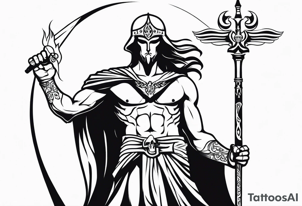 Thanatos, the greek god of death, holding a sword and a torch tattoo idea