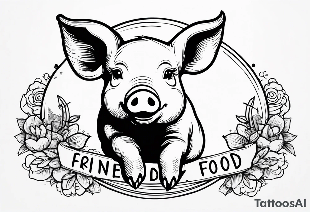 cute pig or piglet.
with text: "friends not food" tattoo idea cute pig or piglet.
with text: "friends not food" tattoo idea