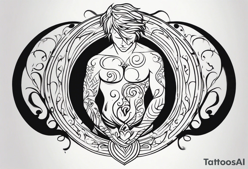 Creator for me a tatto design that consist in the following description, a man being held by the neck by his heart representing the emotions and fellings that make him stuck inside himself, on his side a beast represeting the rage and inner fury inside, glowing with all the mistakes that were made. On the other side a angelical creature, try to preserve the good side of him, and wanting him to follow a good path. tattoo idea