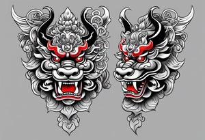 Sleeve tattoo 
Black and white, grey with red and scarlet accent. Japanese Shisa Okinawa, Thai yak/giant and Thai naga. Image of protection. tattoo idea