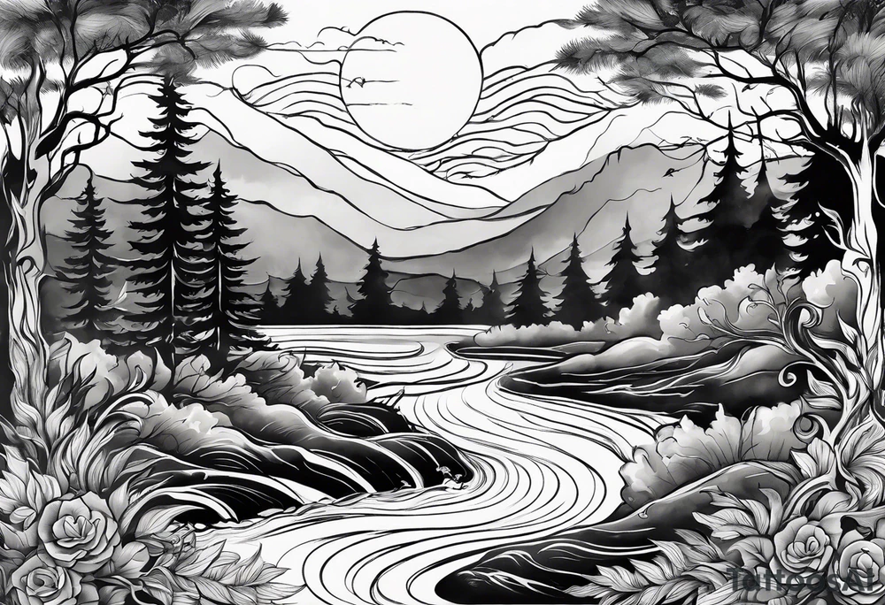 forest with water flowing and phoenix and roots and reflection waves and three birds tattoo idea