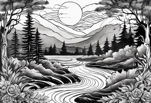 forest with water flowing and phoenix and roots and reflection waves and three birds tattoo idea