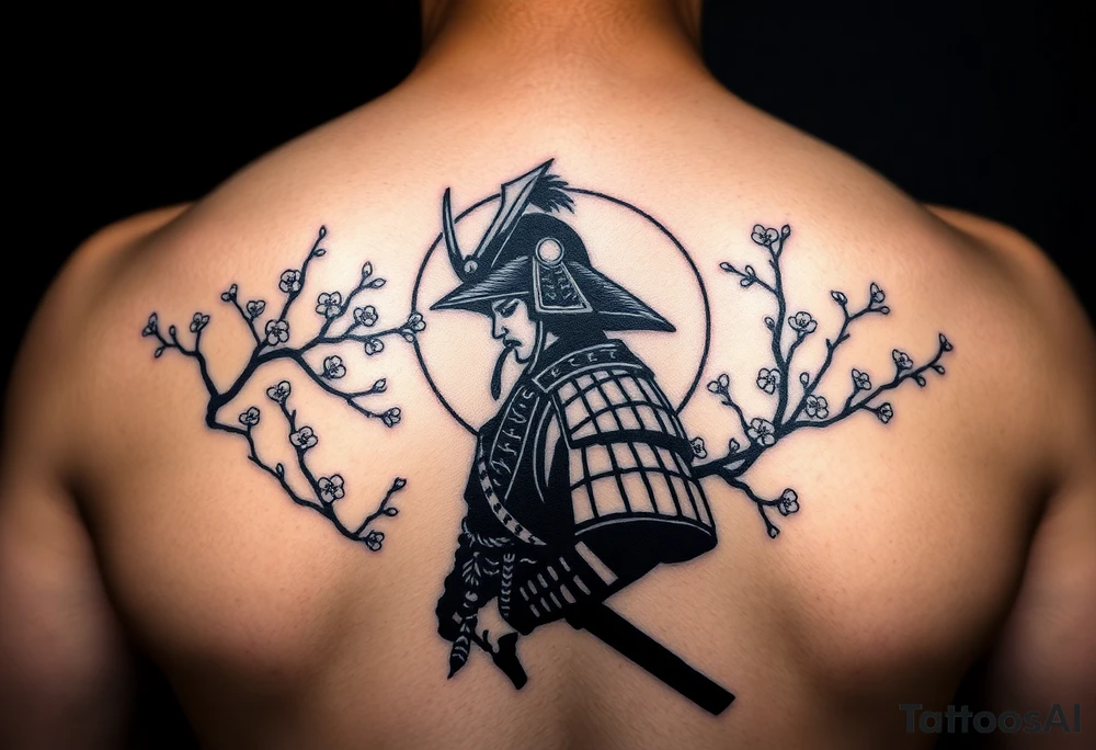 noble samurai warrior silhouette at sunset with cherry blossoms tattoo idea