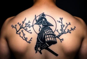 noble samurai warrior silhouette at sunset with cherry blossoms tattoo idea