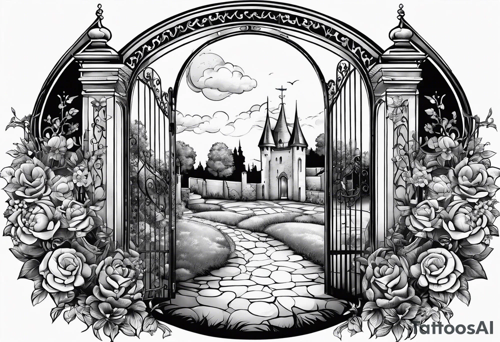 night medieval town garden open gate entrance 
 in circle vignette surrounded by clouds floral tattoo idea