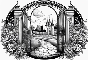 night medieval town garden open gate entrance 
 in circle vignette surrounded by clouds floral tattoo idea