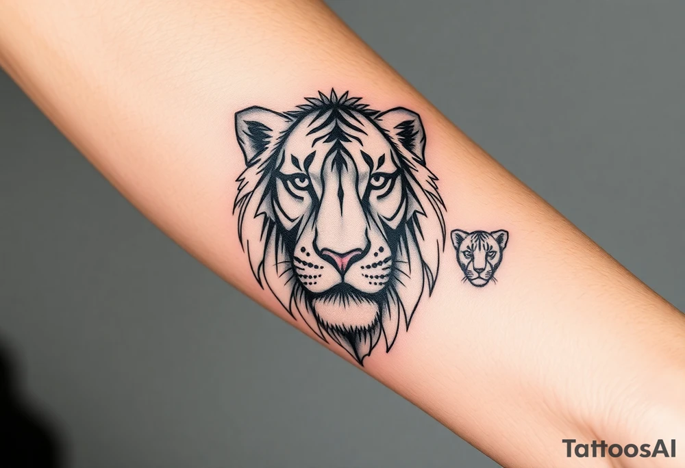 Geometric half male lion face half 3 female cubs faces tattoo idea
