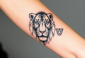 Geometric half male lion face half 3 female cubs faces tattoo idea