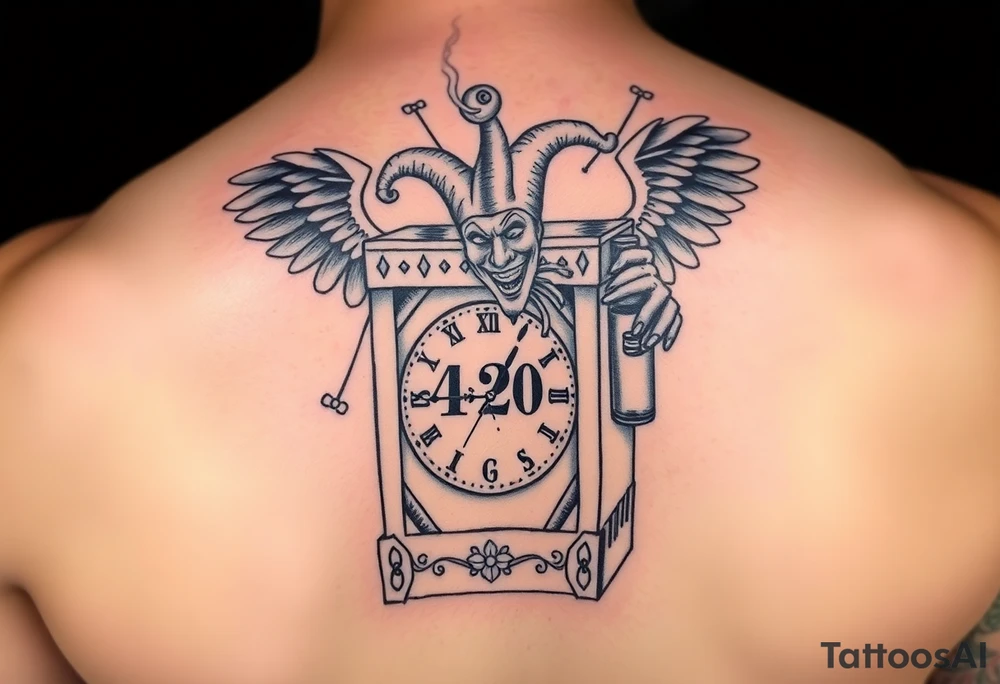 jack in the box
the box as a clock with the time 420
two open wings besides the clock
smoke as the spring
a jester clown coming out the smoke
smoking in one hand with a liquor bottle on the other hand tattoo idea