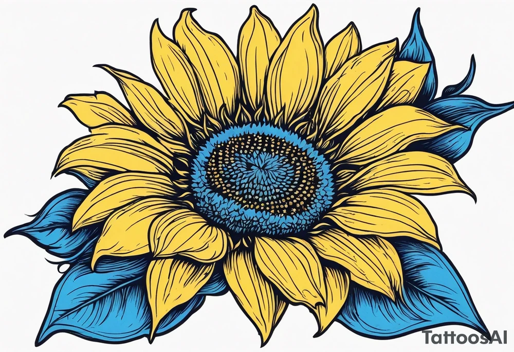 a yellow sunflower bloom with blue highlights tattoo idea