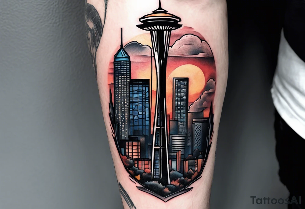 Can you show me a leg sleeve tattoo with The Atlanta A with the city behind it and a pair of Jordan 1’s hanging on a line on top the city tattoo idea