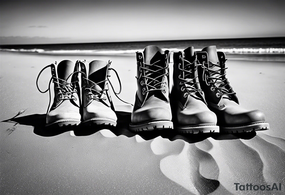 Two flip flops next to a pair of timberland boots on the Beach. ADD a cowboyhat tattoo idea
