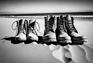 Two flip flops next to a pair of timberland boots on the Beach. ADD a cowboyhat tattoo idea