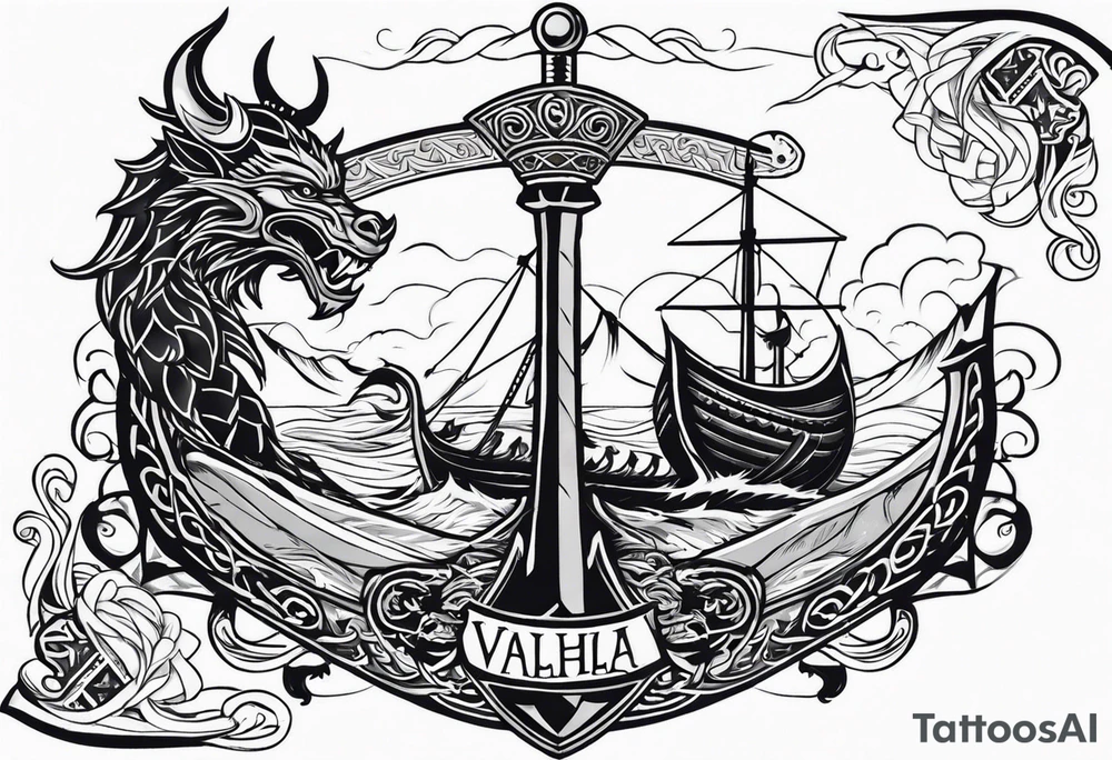 Valhalla sword shield viking ship dragon head tattoo idea Valhalla sword shield viking ship dragon head tattoo idea
