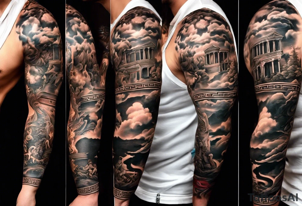 Im a businessman and I had a very long and hard time, chasing my dreams, not giving up, hard work, dedication, focus, heart broken, recovered, pushing hard, got broke and gained again. I like greek gods and I want a full sleeve tattoo exactly telling me the story of my life tattoo idea