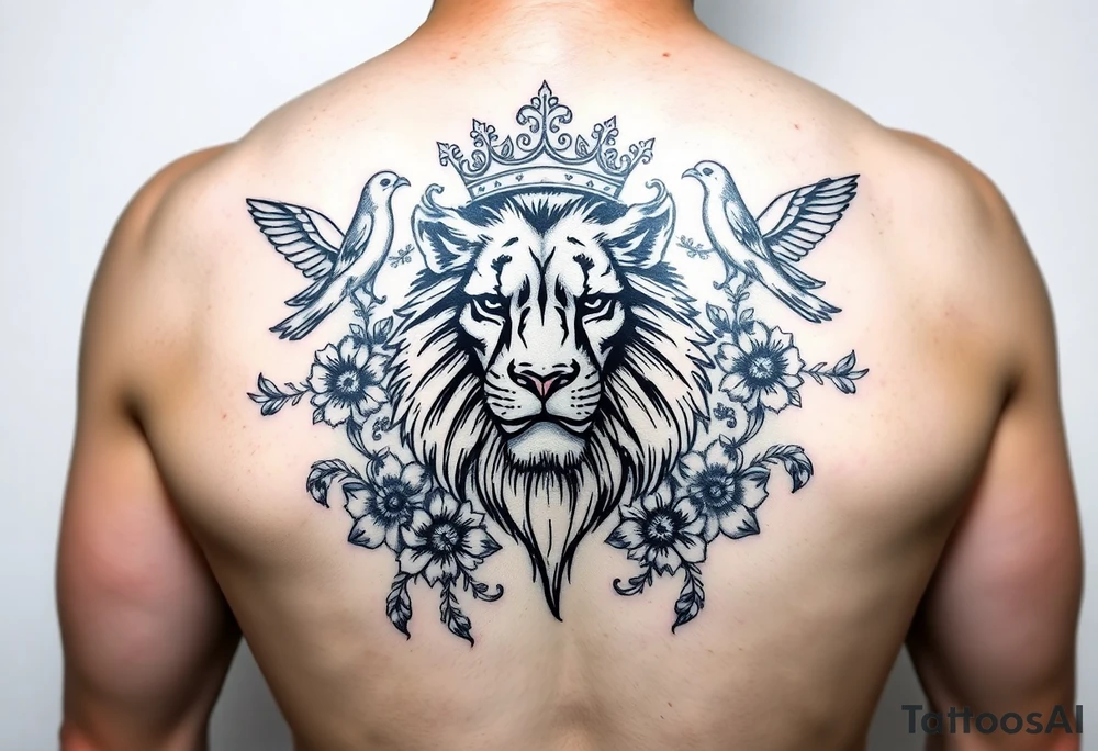 powerful majestic lion with a crown, surrounded by floral ornaments and birds tattoo idea