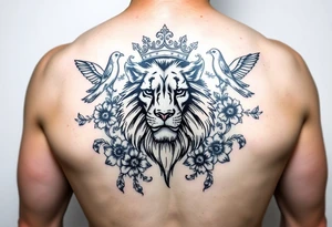 powerful majestic lion with a crown, surrounded by floral ornaments and birds tattoo idea