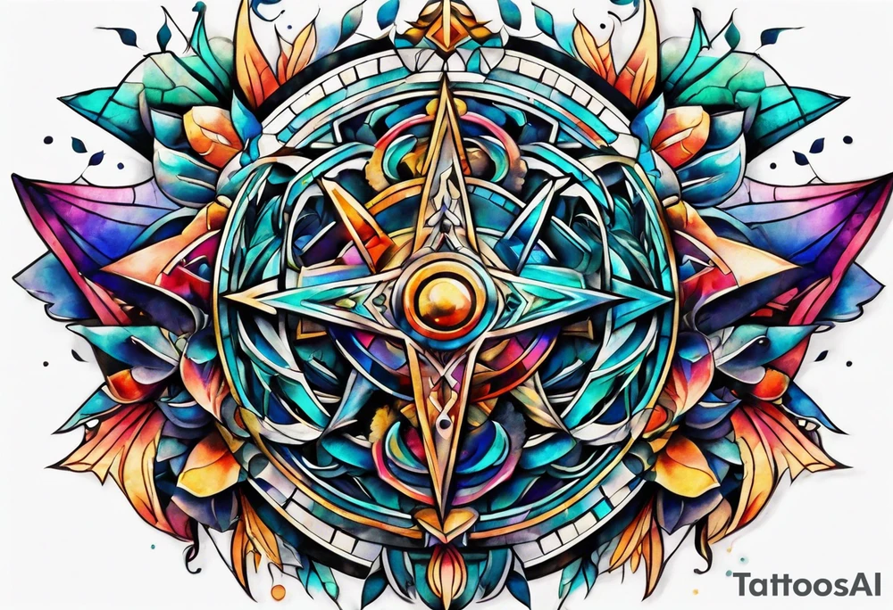 Bold geometric tapestry trident in colour on arm tattoo idea