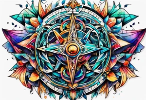 Bold geometric tapestry trident in colour on arm tattoo idea