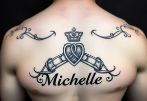 Create a tattoo on a man’s chest if a woman’s name. Claddagh and the name Michelle. Irish themed with Celtic knot tattoo idea