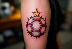 A red-and-white patterned ball with the Slavia star above it like a rising sun. tattoo idea