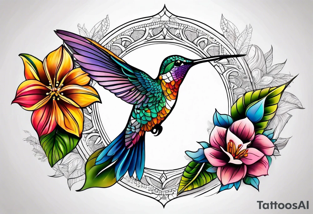 Mandala with colorful hummingbird 3d tattoo idea