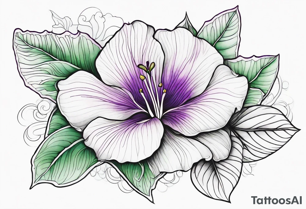 An outline of a rio dipladenia flower with a green and purple watercolor in the background tattoo idea