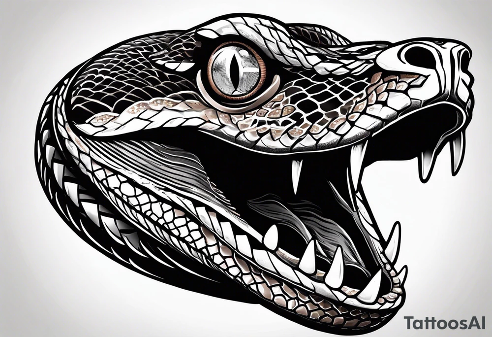 black and white drawing of a snake head with copper eyes an open mouth on a mountain bike with fat tires tattoo idea