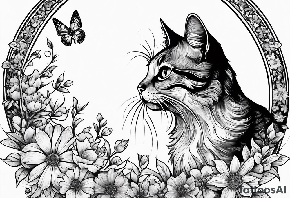 Cat looking up at a cardinal surrounded by flowers tattoo idea