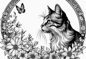 Cat looking up at a cardinal surrounded by flowers tattoo idea