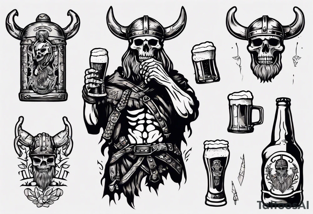Viking skeleton drinking a beer tattoo idea