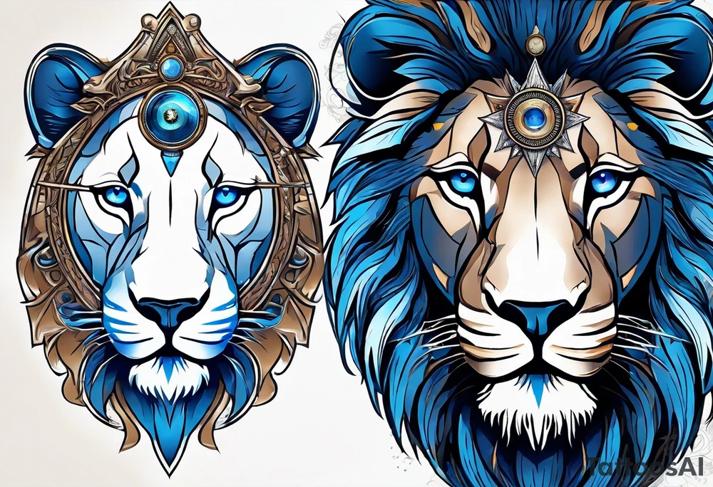 face of a lion with a third eye. Left eye blue, right eye brown. The third eye on the forehead is abstract. Around the muzzle there is a compass bezel tattoo idea