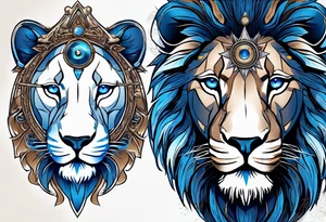 face of a lion with a third eye. Left eye blue, right eye brown. The third eye on the forehead is abstract. Around the muzzle there is a compass bezel tattoo idea